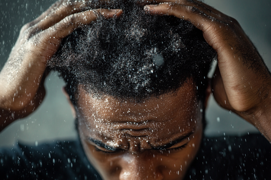 Close-up of a man with coarse, textured hair, focusing on flakes of dandruff as he cleanses his scalp, highlighting issues related to dry scalp and dandruff in natural black hair.