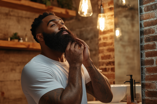 Black man with a full, well-groomed beard in a rustic bathroom, practicing beard care while admiring his reflection, emphasizing a healthy and stylish grooming routine.