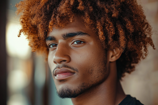 Close-up of a young Black man with vibrant, curly hair and a defined jawline, showcasing healthy, naturally textured hair in an outdoor setting