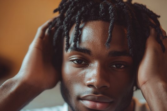 Close-up of a young Black man with natural hair twists, highlighting healthy, well-maintained hair in a relaxed, indoor setting.
