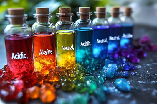Colorful glass bottles labeled acidic, alkaline, and neutral filled with vibrant liquids, visually representing pH levels in a haircare context, highlighting the importance of pH balance for healthy hair.