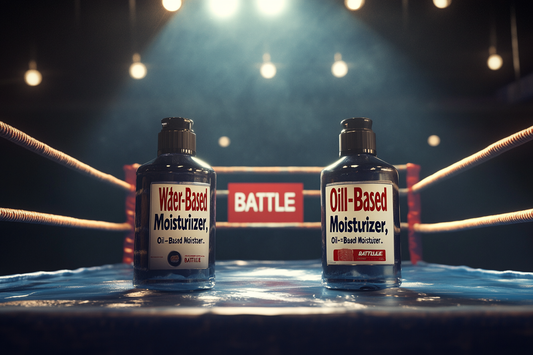 Water-based vs. oil-based moisturizer bottles in a boxing ring, symbolizing the comparison and battle between different haircare products for hydration and protection