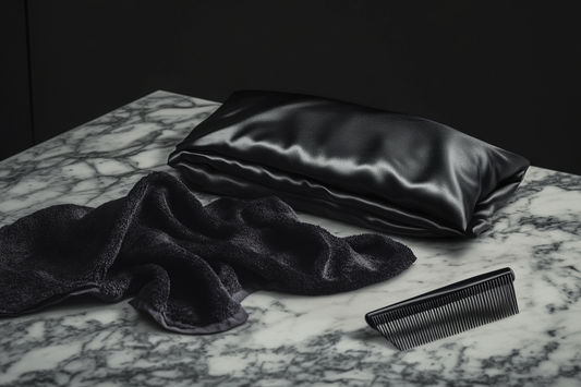 Luxurious black satin pillowcase, microfiber towel, and wide-tooth comb on a marble countertop, highlighting essential haircare tools for preventing breakage and maintaining healthy hair.