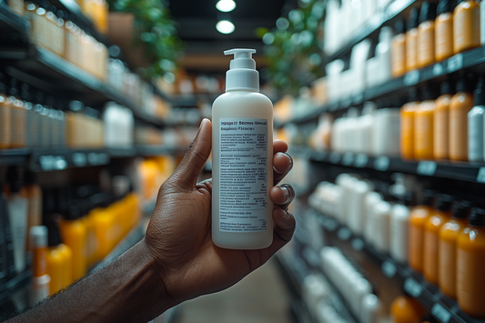 A close-up of a person holding a bottle of haircare product in a store aisle, highlighting the importance of reading ingredients for choosing the best products for Black men's coarse and kinky hair.