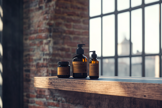 Set of amber glass skincare products displayed on a wooden surface against an industrial-style brick wall and large windows, highlighting natural grooming essentials.