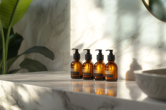 Row of amber-colored skincare or haircare bottles on a modern marble countertop, bathed in natural sunlight, emphasizing a clean and minimalist aesthetic.